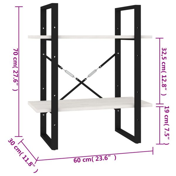 vidaXL Βιβλιοθήκη με 2 Ράφια Λευκή 60x30x70 εκ. από Μασίφ Ξύλο Πεύκου