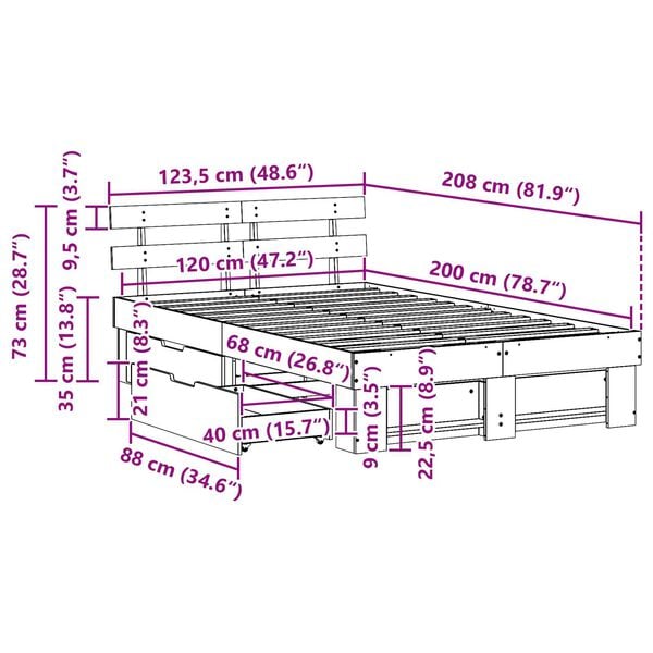 vidaXL Σκελετός Κρεβατιού Καφέ κεριού 120 x 200 cm Στερεό Ξύλο