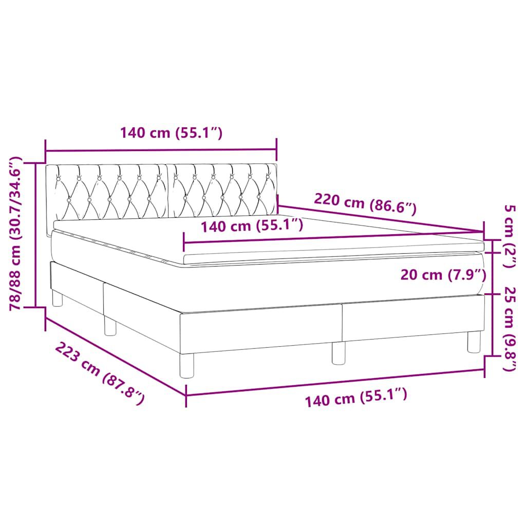 vidaXL Κρεβάτι Boxspring με Στρώμα Ανοιχτό Γκρι 140x220 εκ. Βελούδινο