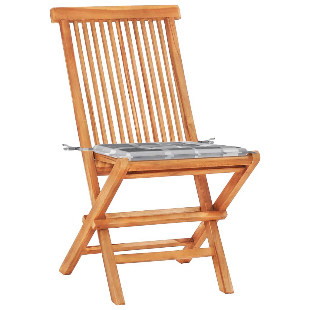vidaXL Σετ Επίπλων Mπιστρό 3 τεμ Μασίφ Ξύλο Teak & Γκρι Καρό Μαξιλάρια
