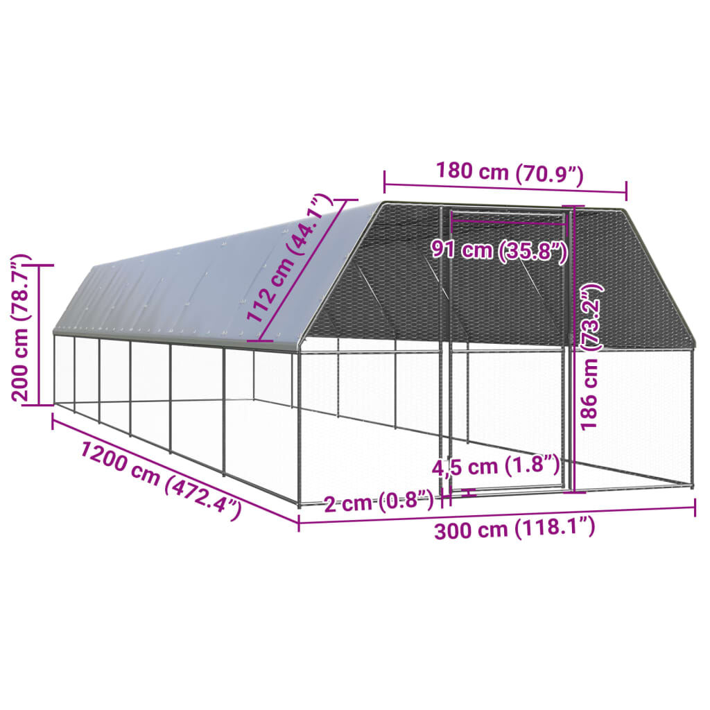 vidaXL Κοτέτσι - Κλουβί Εξωτ. Χώρου 3x12x2 μ. από Γαλβανισμένο Χάλυβα