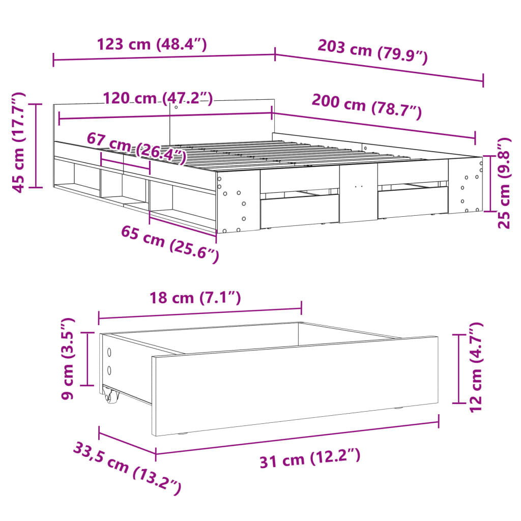 vidaXL Πλαίσιο Κρεβατιού με συρτάρια Γκρι sonoma 120x200εκ. Επεξ. Ξύλο