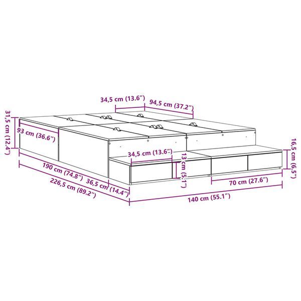vidaXL Κρεβάτι αποθήκευσης από φυσικό δρυς 140x190 εκ.