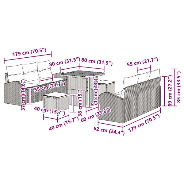 vidaXL Σετ Καναπέ Κήπου με μαξιλάρι 9 pcs Μπεζ Πολυ ράταν