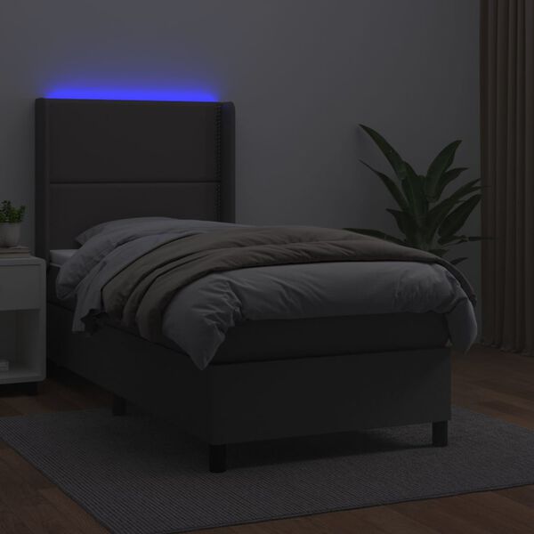 vidaXL Κρεβάτι Boxspring με Στρώμα & LED Γκρι 90x190 εκ. Συνθ. Δέρμα