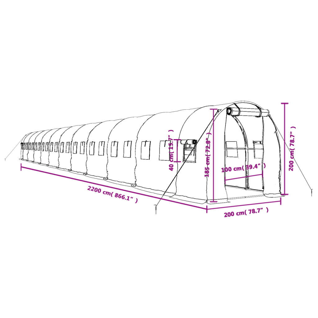 vidaXL Θερμοκήπιο με Ατσάλινο Πλαίσιο Λευκό 44 μ² 22 x 2 x 2 μ.