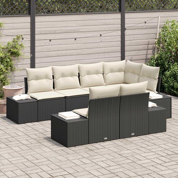 vidaXL Σετ Καναπέ Κήπου με μαξιλάρι 7 pcs Μαύρο και κρεμ Πολυ ράταν