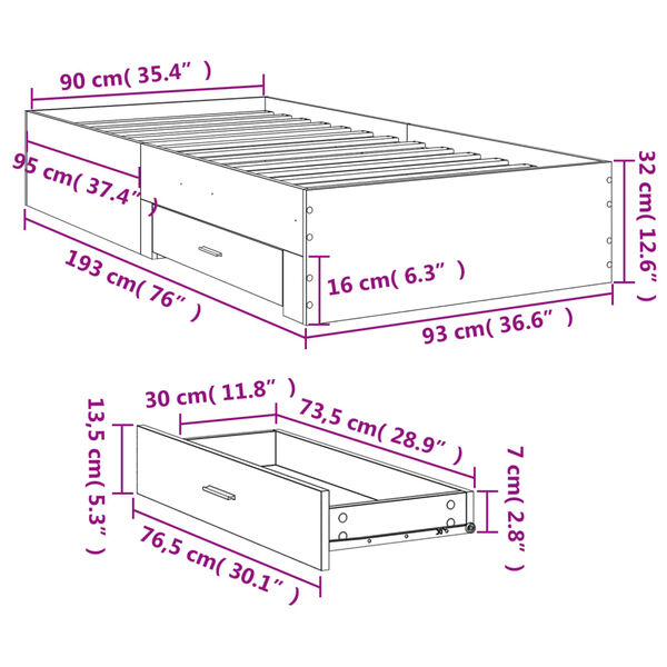 vidaXL Πλαίσιο Κρεβατιού με Συρτάρια Μαύρο 90x190 εκ. Επεξ. Ξύλο