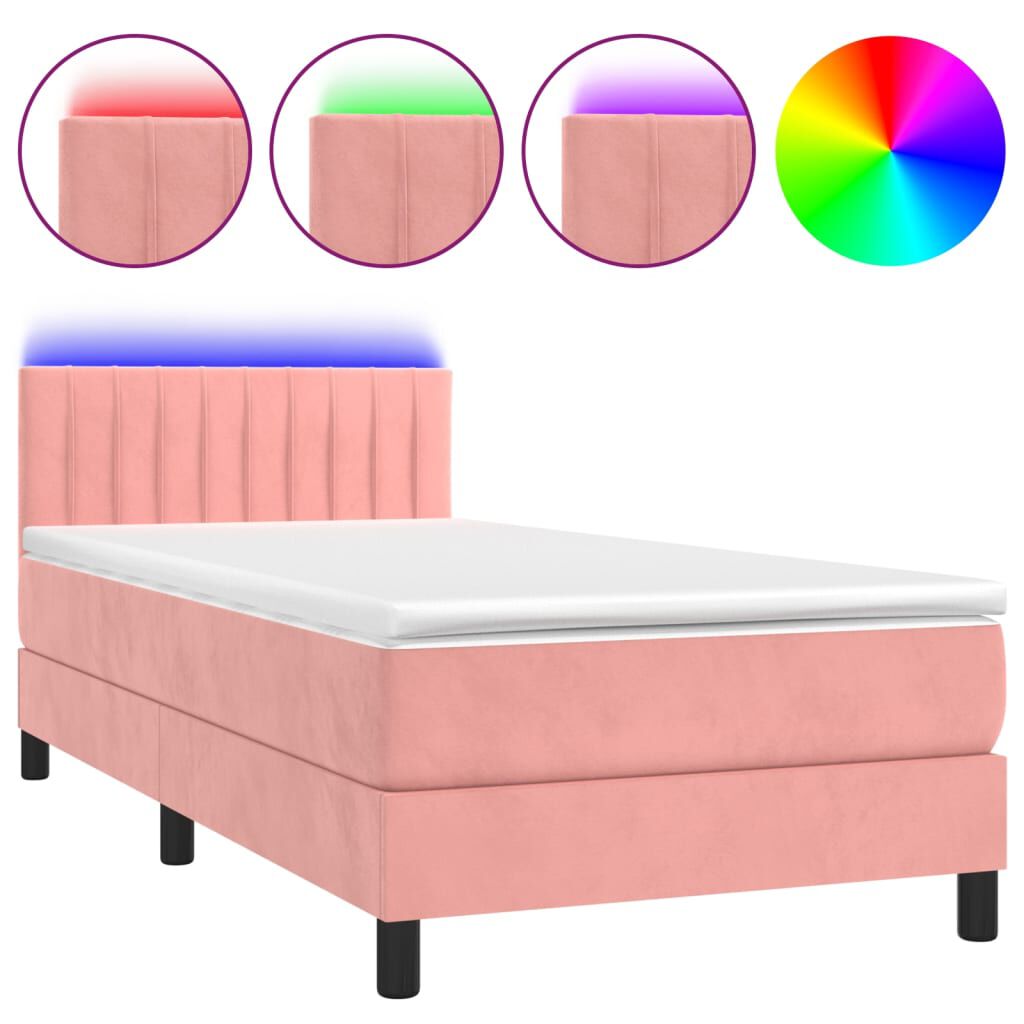 vidaXL Κρεβάτι Boxspring με Στρώμα & LED Ροζ 90x200 εκ. Βελούδινο