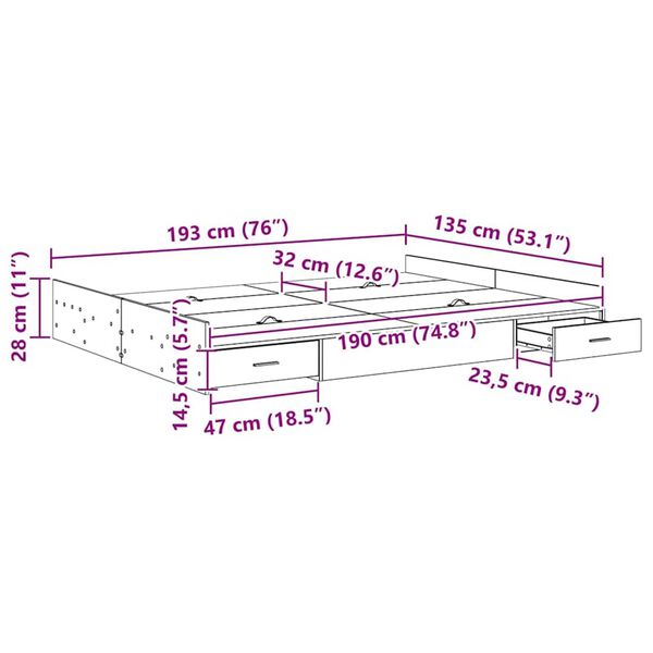 vidaXL Κρεβάτι με αποθηκευτικό χώρο Γκρι sonoma 135 x 190 cm