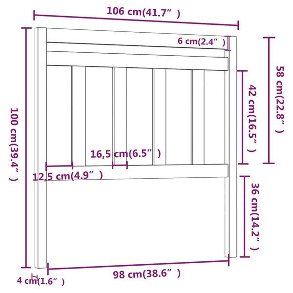 vidaXL Κεφαλάρι Κρεβατιού Μαύρο 106 x 4 x 100 εκ. Μασίφ Ξύλο Πεύκου