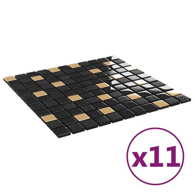 vidaXL Μωσαϊκά Πλακάκια 11 τεμ. Μαύρα / Χρυσά 30 x 30 εκ. Γυάλινα