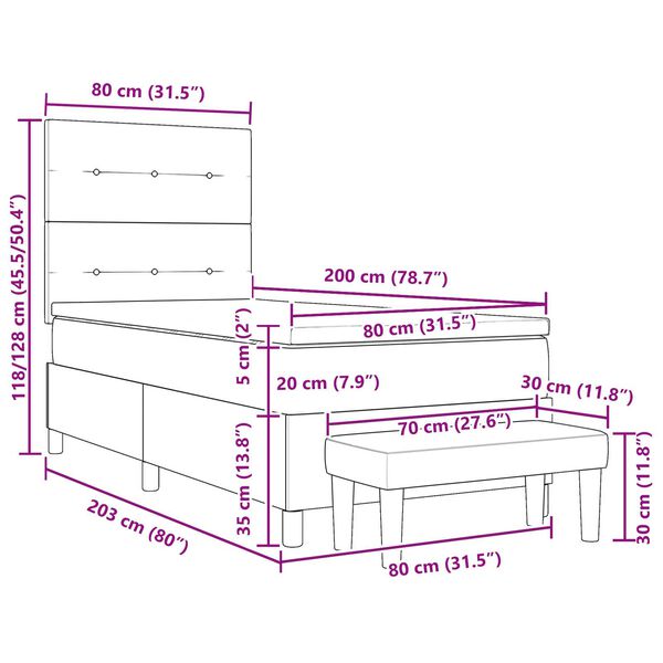 vidaXL Κρεβάτι Κασέτας με Στρώμα & Πάγκο Μαύρο 80x200 εκ Ύφασμα