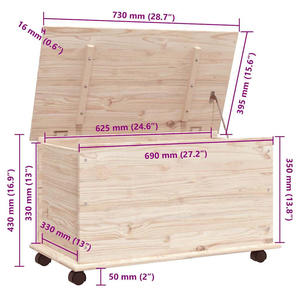 vidaXL Μπαούλο με Ρόδες ALTA 73x39,5x43 εκ. από Μασίφ Ξύλο Πεύκου