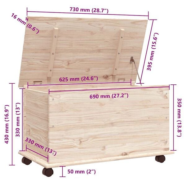 vidaXL Μπαούλο με Ρόδες ALTA 73x39,5x43 εκ. από Μασίφ Ξύλο Πεύκου