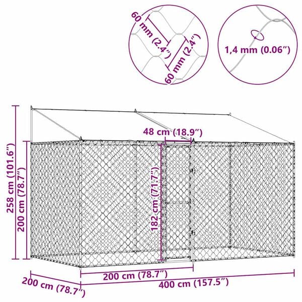 Κλουβί σκύλου Ασημί 400 x 200 x 256 εκ Επικαλυμμένος Χάλυβας
