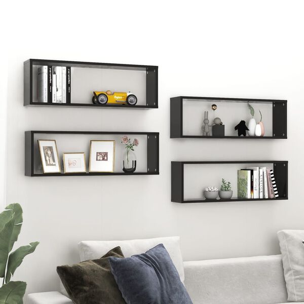 vidaXL Ράφια Κύβοι Τοίχου 4 τεμ. Γυαλ. Μαύρο 80x15x26,5εκ. Μοριοσανίδα