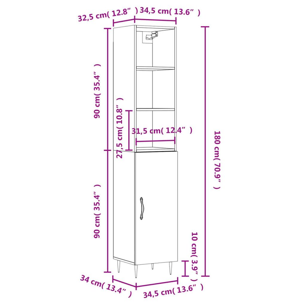 vidaXL Ντουλάπι Γυαλ. Λευκό 34,5 x 34 x 180 εκ. από Επεξεργασμένο Ξύλο