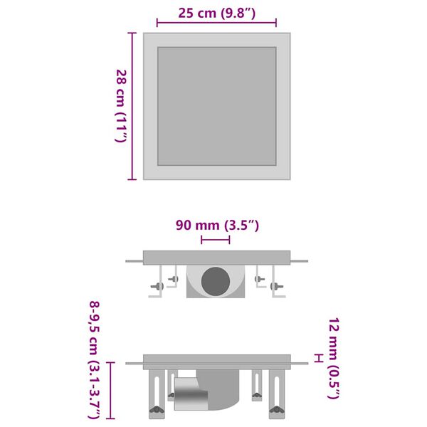 vidaXL Σιφόνι 2 σε 1 Επίπεδο/Ένθετο Πλακιδίου 28x28 εκ. Ανοξ. Ατσάλι