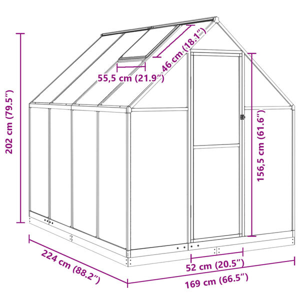 vidaXL Θερμοκήπιο με Πλαίσιο Βάσης Ασημί 224x169x202 εκ. Αλουμινίου