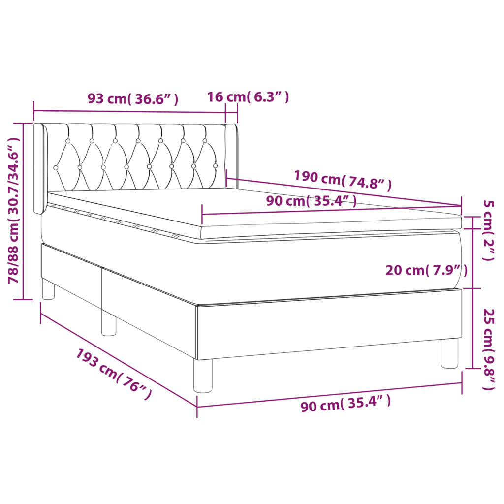 vidaXL Κρεβάτι Boxspring με Στρώμα Σκούρο Γκρι 90x190 εκ. Υφασμάτινο