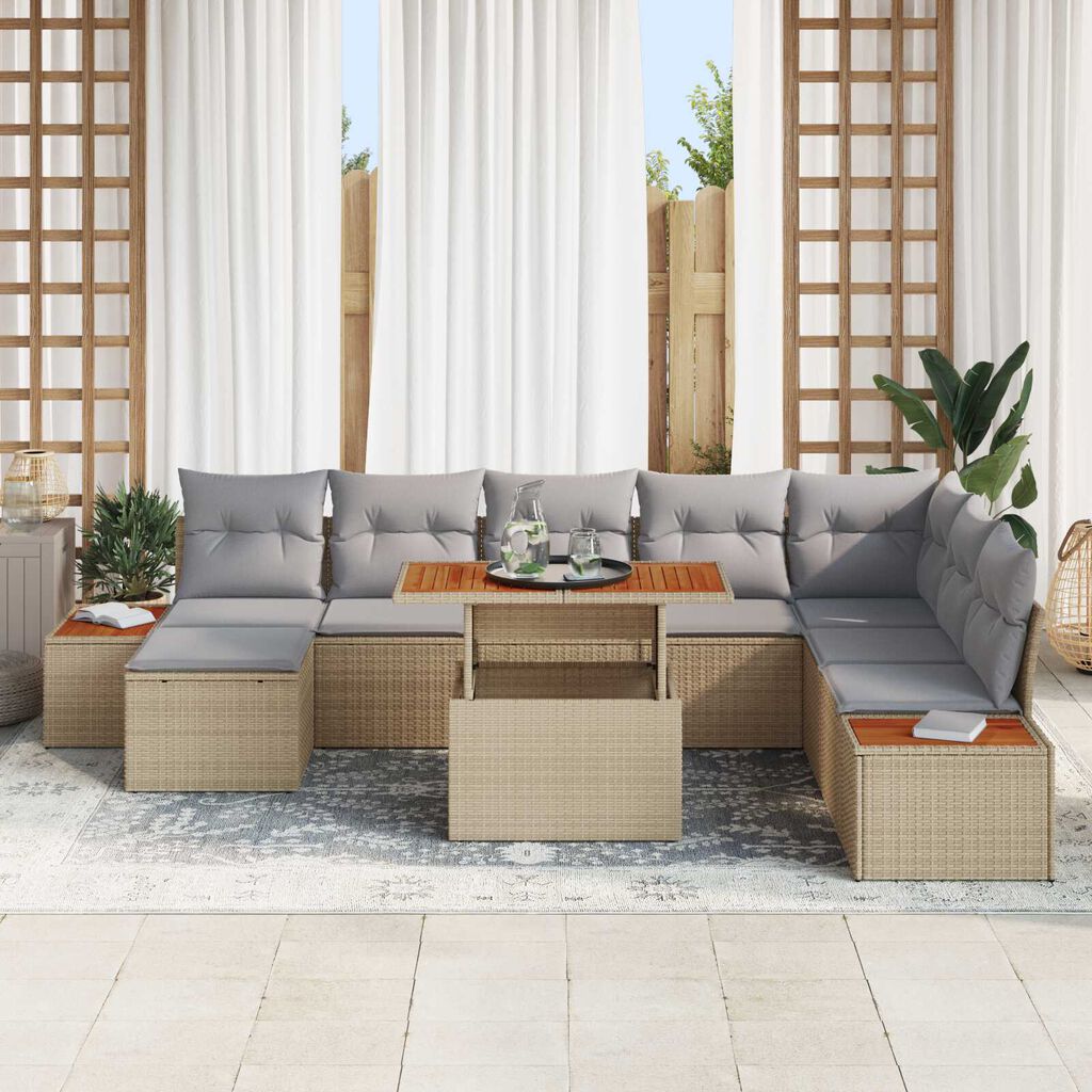 vidaXL Σετ Καναπέ Κήπου με αποθήκευση 9 pcs Μπεζ Πολυ ράταν