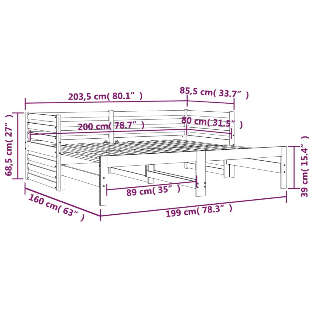 vidaXL Καναπές Κρεβάτι Συρόμενος Μαύρος 2x(80x200) εκ. από Μασίφ Πεύκο