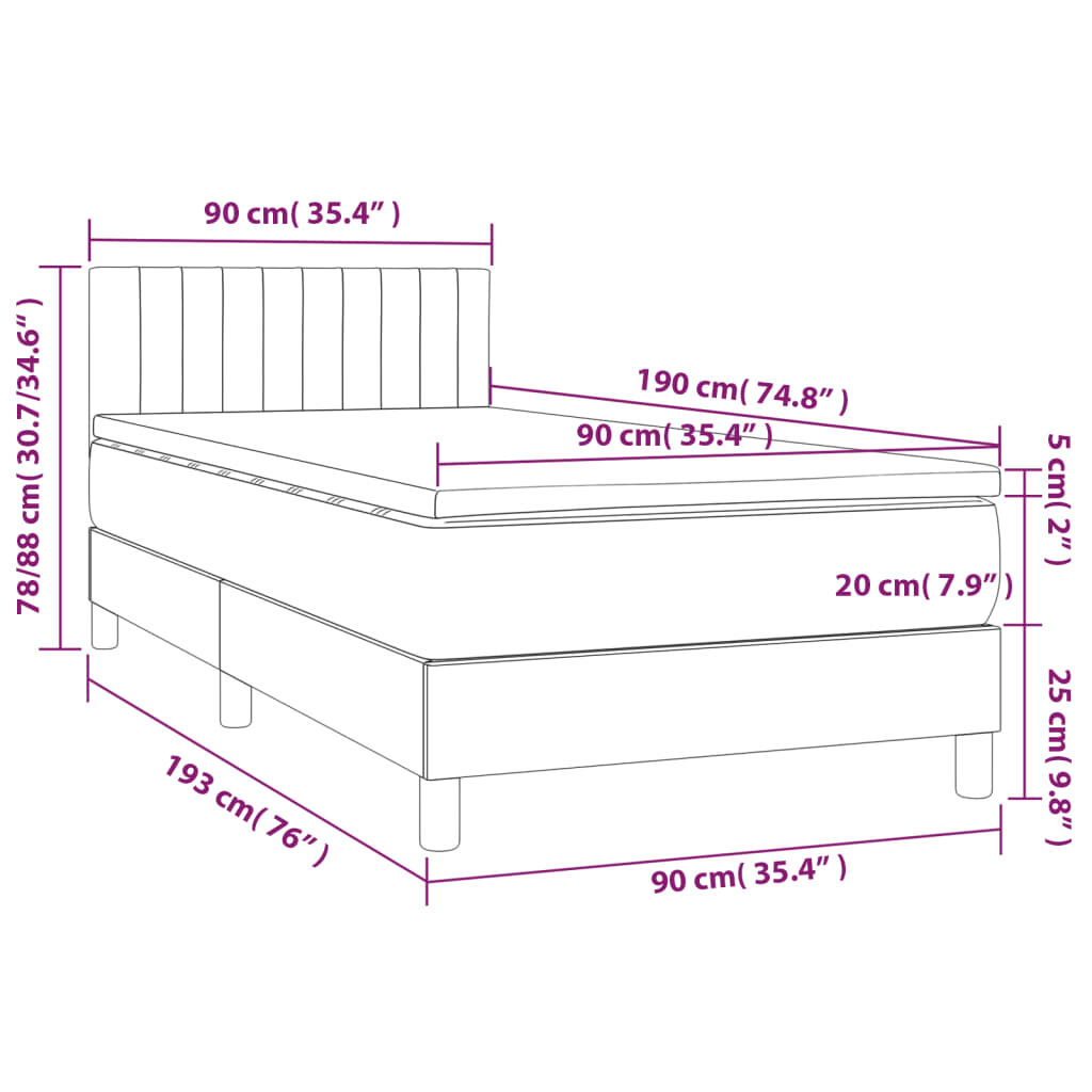 vidaXL Κρεβάτι Boxspring με Στρώμα Σκούρο Καφέ 90x190 εκ. Υφασμάτινο