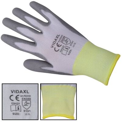 vidaXL Γάντια Εργασίας 24 Ζεύγη Λευκό/Γκρι Μέγεθος 10/XL Πολυουρεθάνη