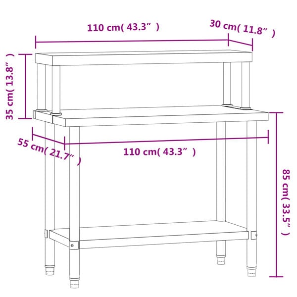 vidaXL Πάγκος Εργασίας Κουζίνας με Ράφι 110x55x120 εκ. Ανοξείδ. Ατσάλι