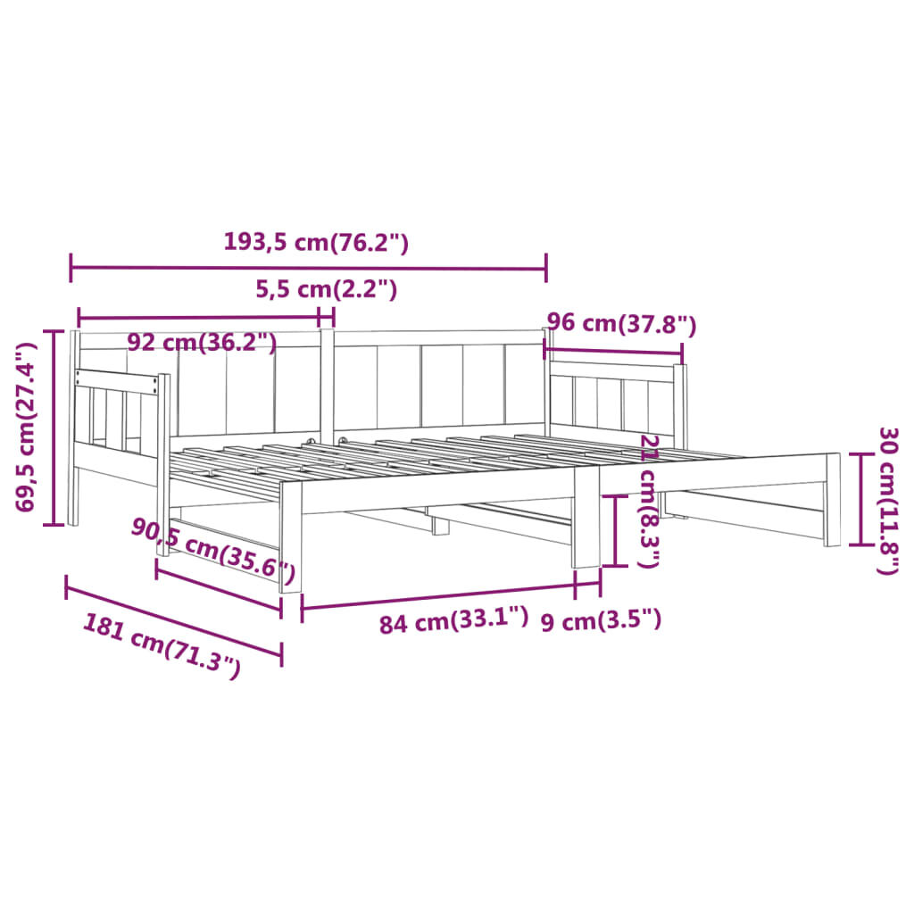 vidaXL Καναπές Κρεβάτι Συρόμενος Μαύρος 2x(90x190) εκ. από Μασίφ Πεύκο