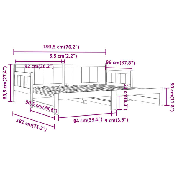 vidaXL Καναπές Κρεβάτι Συρόμενος Μαύρος 2x(90x190) εκ. από Μασίφ Πεύκο