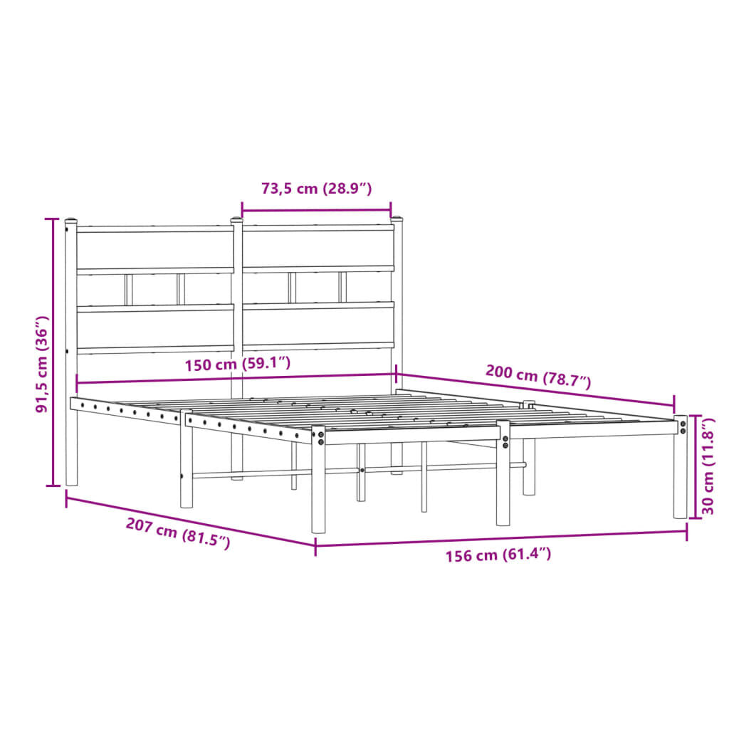 vidaXL Σκελετός Κρεβ. Χωρίς Στρώμα Sonoma Δρυς 150x200 εκ. Μεταλλικό