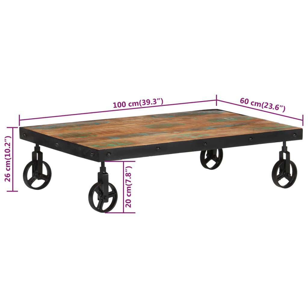 vidaXL Τραπέζι Σαλονιού με Τροχούς 100x60x26 εκ. Μασίφ Ανακυκλ. Ξύλο