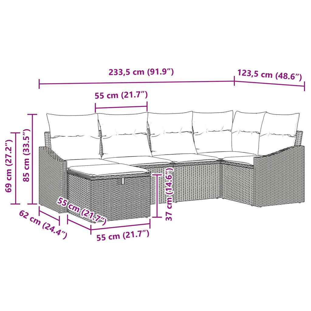 vidaXL Σετ Καναπέ Κήπου 6 pcs Μαύρο Πολυ rattan, βαμμένο ατσάλι