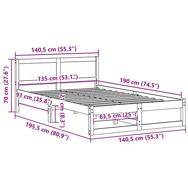 vidaXL Κρεβάτι Καφέ Μασίφ ξύλο πεύκου 135 x 190 εκ. Απλό