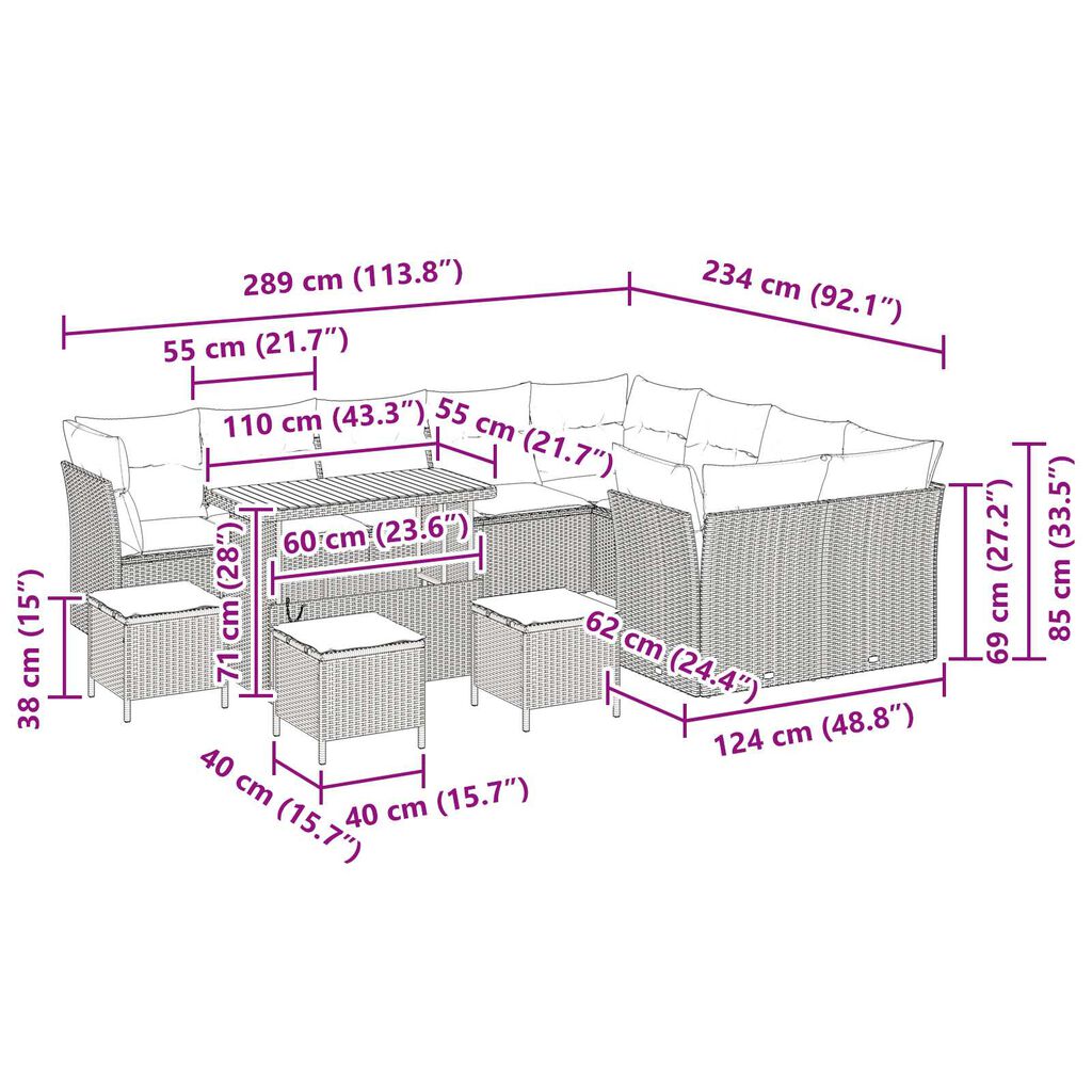 vidaXL Σετ Καναπέ Κήπου με μαξιλάρι 13 pcs Μαύρο 110 x 55 x 71 εκ