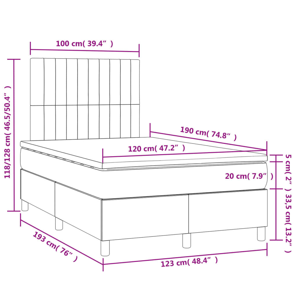 vidaXL Κρεβάτι Boxspring με Στρώμα & LED Σκ.Γκρι 120x190εκ. Βελούδινο