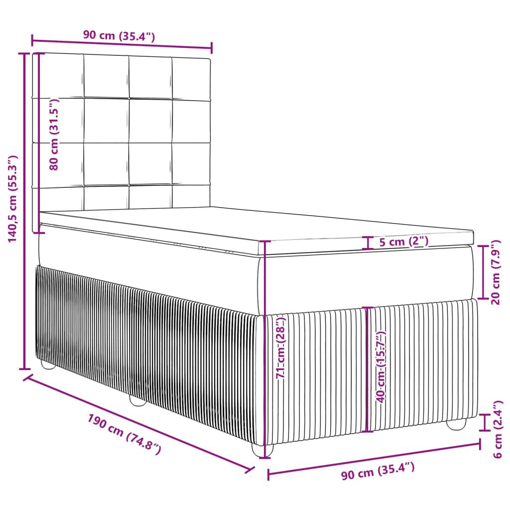 vidaXL Κρεβάτι Boxspring με Στρώμα Ανοιχτό Γκρι 90x190 εκ. Υφασμάτινο