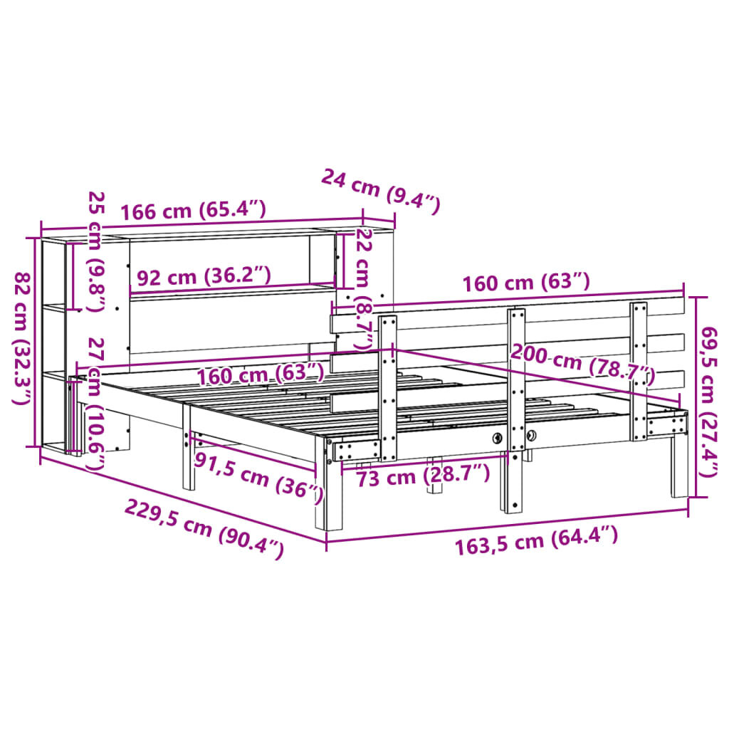 vidaXL Κρεβάτι Βιβλιοθήκη Χωρίς Στρώμα 160x200 εκ Μασίφ Ξύλο Πεύκου