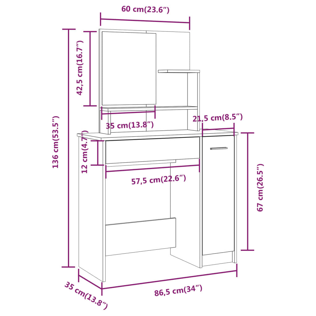 vidaXL Μπουντουάρ με Καθρέφτη Sonoma Δρυς 86,5x35x136 εκ.