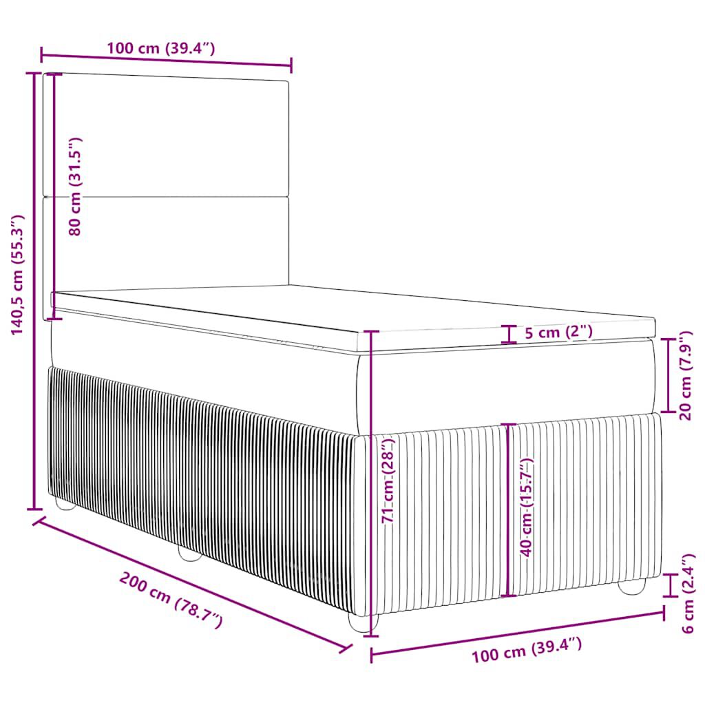vidaXL Κρεβάτι Boxspring με Στρώμα Σκούρο Γκρι 100x200 εκ. Βελούδινο