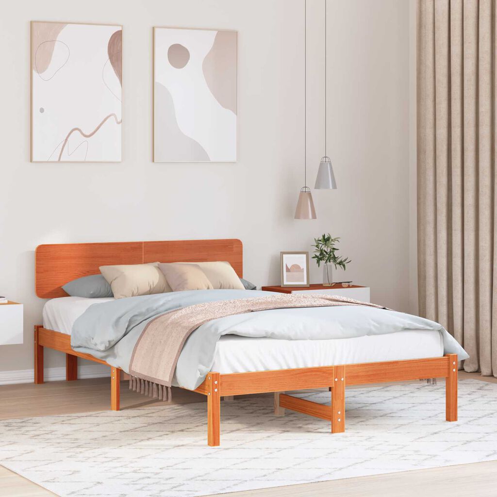 vidaXL Κρεβάτι με Κεφαλάρι Καφέ 135x190 εκ Μασίφ Ξύλο Πεύκου