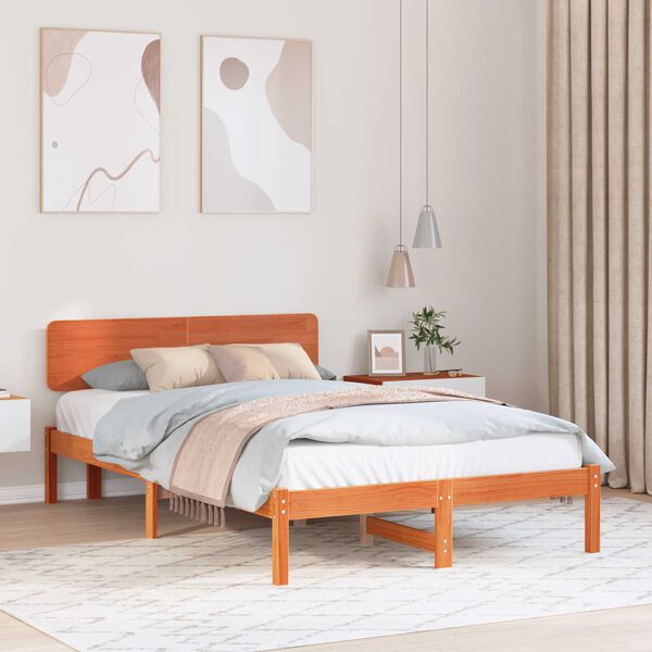 vidaXL Κρεβάτι με Κεφαλάρι Καφέ 135x190 εκ Μασίφ Ξύλο Πεύκου
