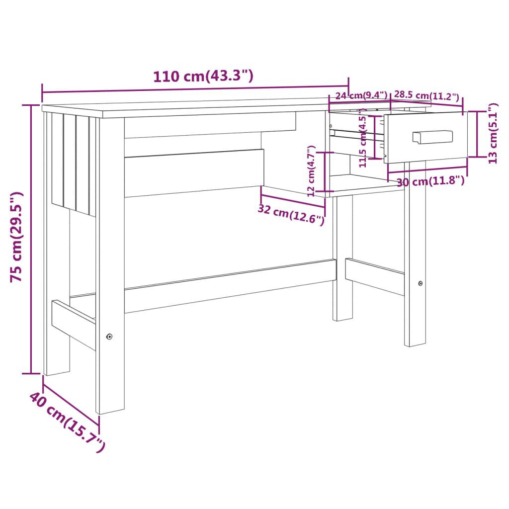 vidaXL Γραφείο HAMAR Σκ. Γκρι 110 x 40 x 75 εκ. Μασίφ Ξύλο Πεύκου