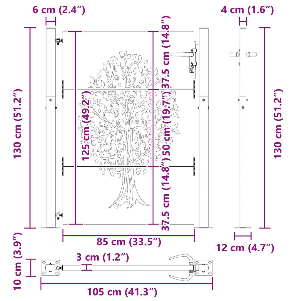 vidaXL Πύλη Κήπου Άλλο Μαύρο 105 x 125 cm Ατσάλι με Επικάλυψη Πούδρας