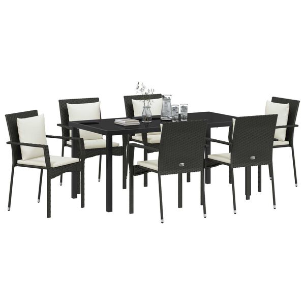 vidaXL Σέτ φαγητού για κήπο με μαξιλάρι 7 pcs Μαύρο Πολυ ράταν