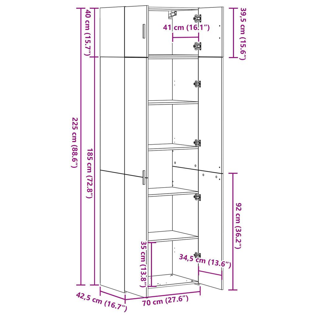Ντουλάπι Αποθήκευσης vidaXL Μαύρος Δρύς 70x42.5x225 εκ. Επεξεργασμένο Ξύλο