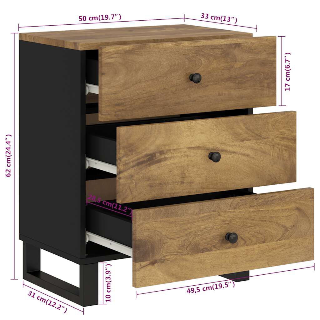 vidaXL Κομοδίνο 50 x 33 x 62 εκ. από Μασίφ Ξύλο Μάνγκο & Επεξ. Ξύλο