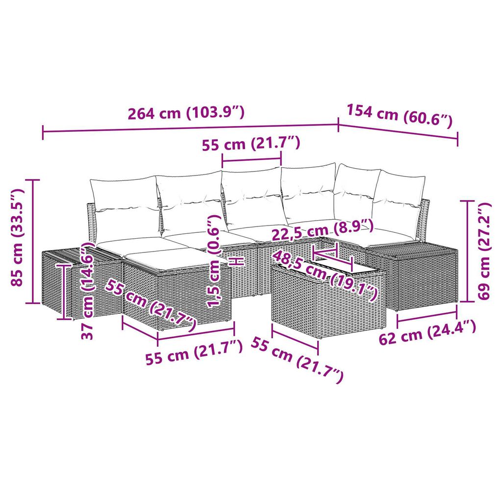 vidaXL Σετ Καναπέ Κήπου με μαξιλάρι 7 pcs μπεζ και κρεμ Πολυ ράταν
